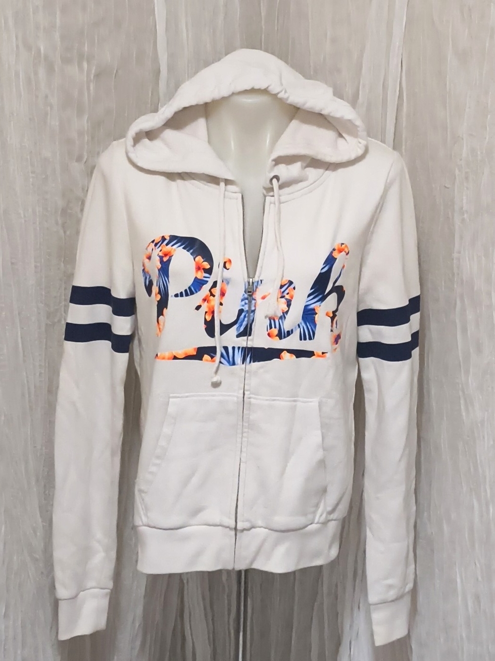 PINK Victoria's Secret White Zip Hoodie with Floral Logo
